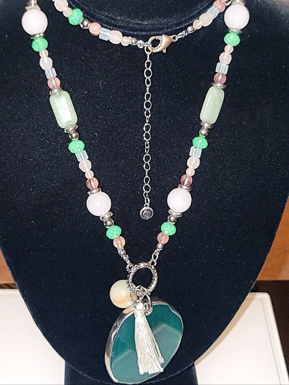 Boho Beaded Tassel Necklace Green Agate Slice Pendant Pearl Charm Adjustable